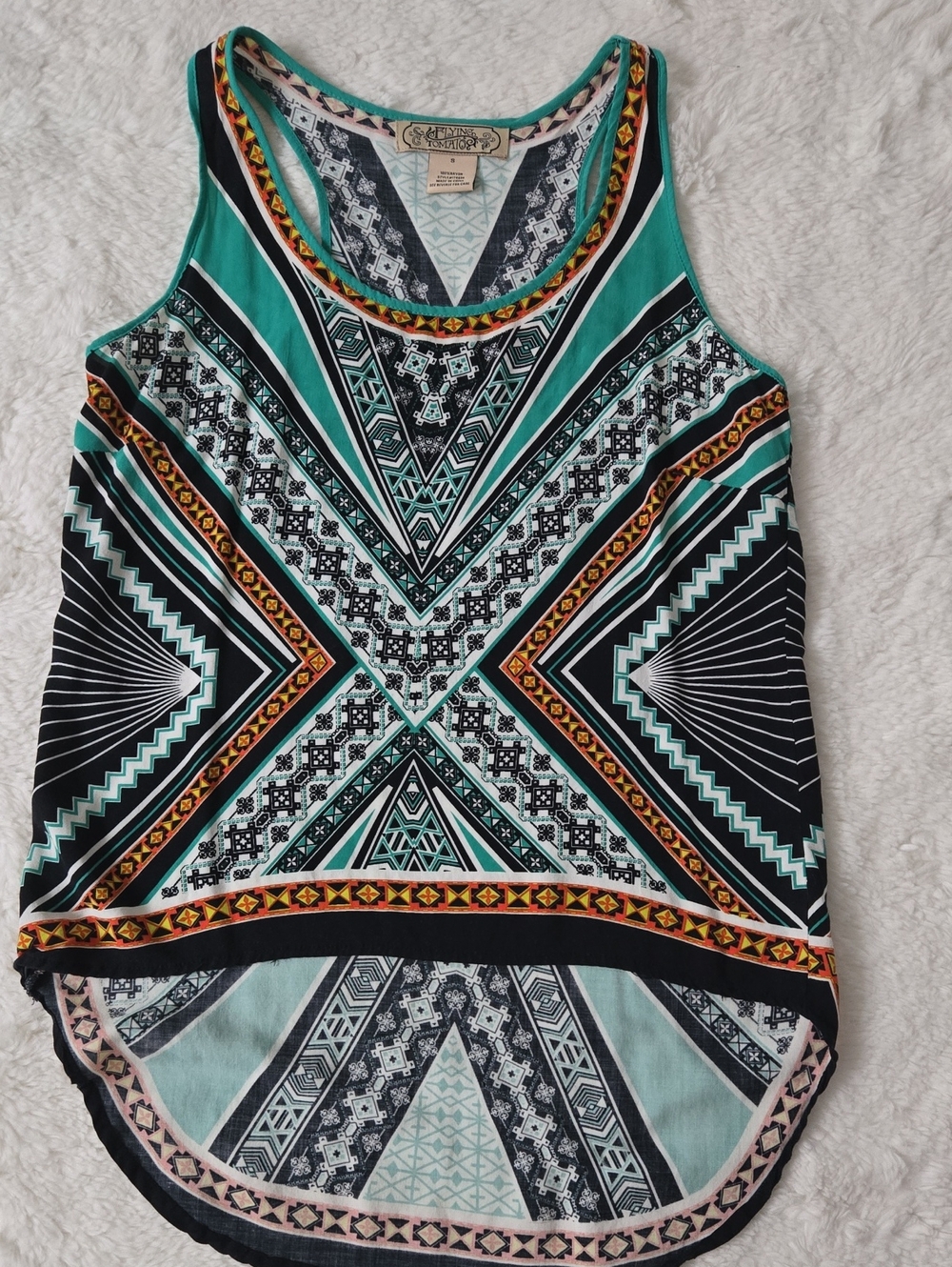 Flying Tomato Teal & Black Geometric Tank Top with Accent Orange